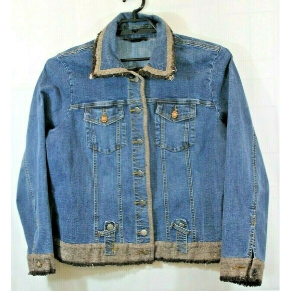 Venezia Womens Vintage Jean Trucker Jacket Rhinestones Fringe Coat Size L - Picture 2 of 8